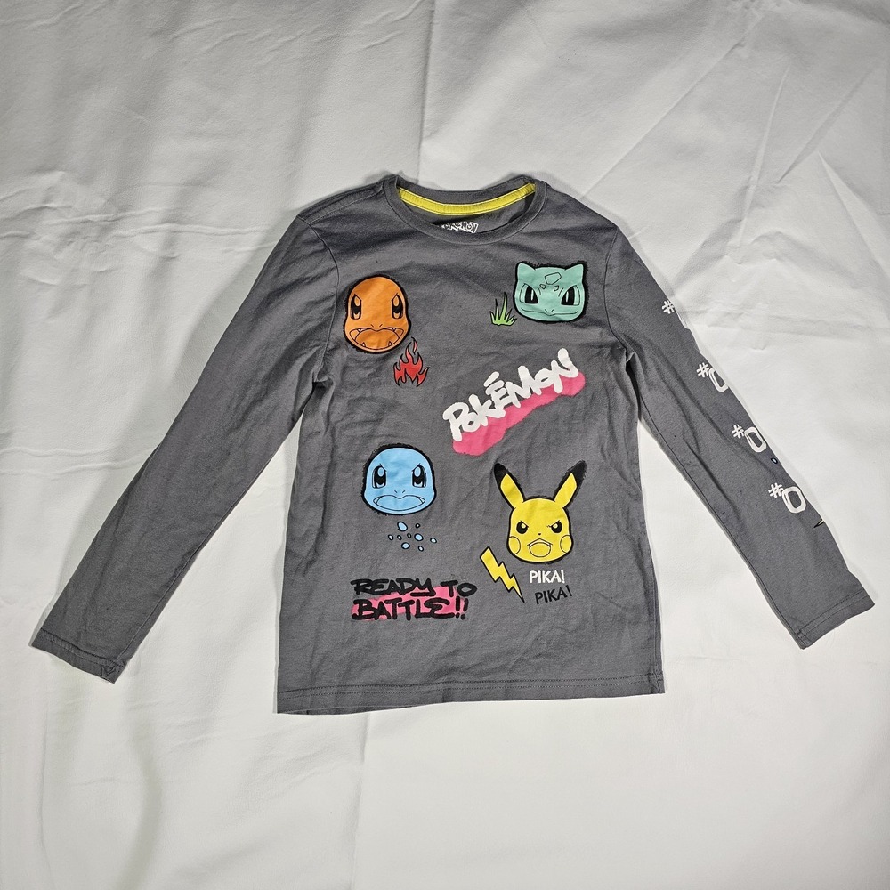 Pokemon Long Sleeve Shirt Boys Large 10-12 Gray Pikachu Charmander Bulbasaur